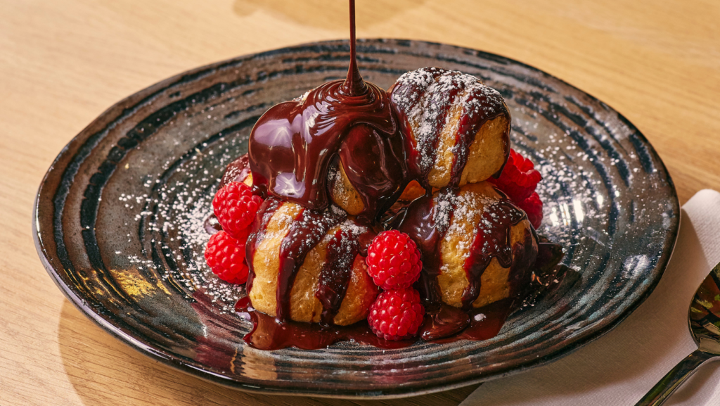 Profiteroles in a bowl with melted chocolate and raspberries at the Park Brasserie restaurant in Colchester.